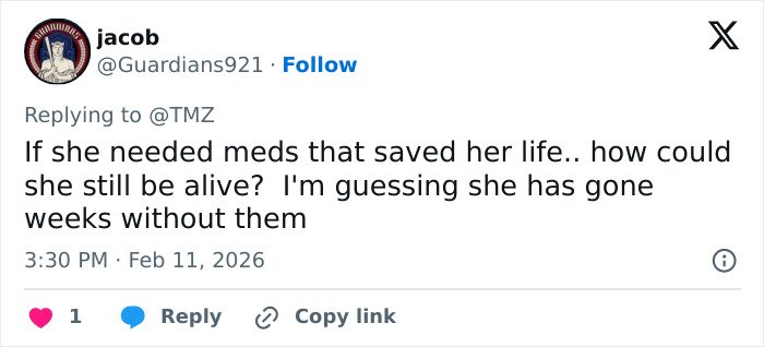 Tweet by Jacob discussing medication survival, related to New Nancy Guthrie ransom note bitcoin demand topic.