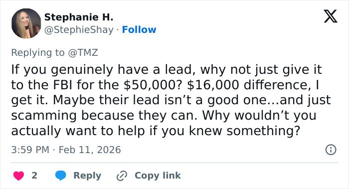 Tweet by Stephanie H. discussing skepticism about a ransom note Bitcoin demand and FBI reward for a lead.
