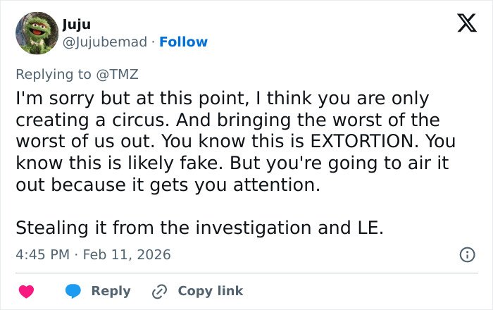 Tweet criticizing the spread of a likely fake ransom note demanding bitcoin amid an ongoing investigation.