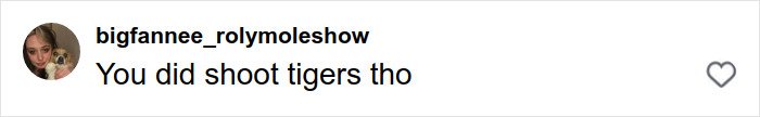 Comment from Instagram user bigfannee_rolymoleshow saying You did shoot tigers tho, related to Joe Exotic Epstein files post trending online.