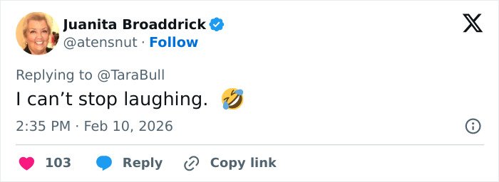 Tweet from Juanita Broaddrick reacting with laughter, related to low-cut dress advertisement going viral for all the wrong reasons.