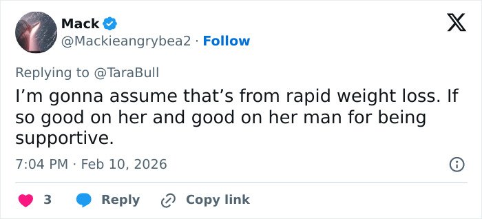 Tweet discussing rapid weight loss showing a reaction related to a low-cut dress advertisement controversy.