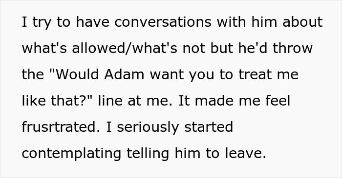 Text excerpt showing a woman frustrated with late husband’s brother, contemplating kicking him and his kids out.
