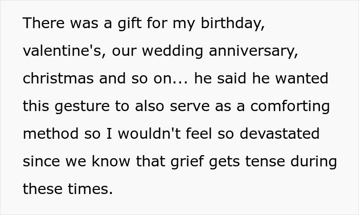 Text explaining a woman coping with grief after her late husband’s brother and kids used his clothes and belongings.
