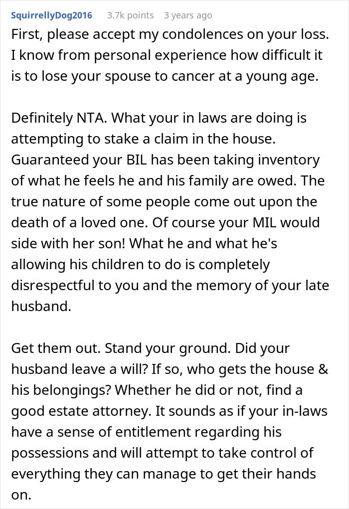 Screenshot of a Reddit comment discussing woman kicking late husband’s brother and his kids out for using his belongings.