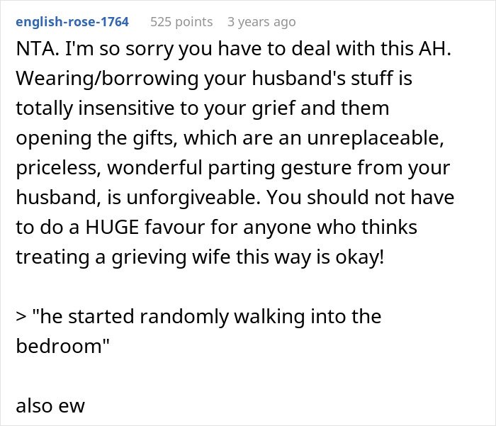 Reddit comment criticizing husband’s brother for wearing his clothes and using his stuff during grief.