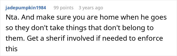 Screenshot of an online comment advising to involve a sheriff to kick out late husband's brother and his kids using his belongings.