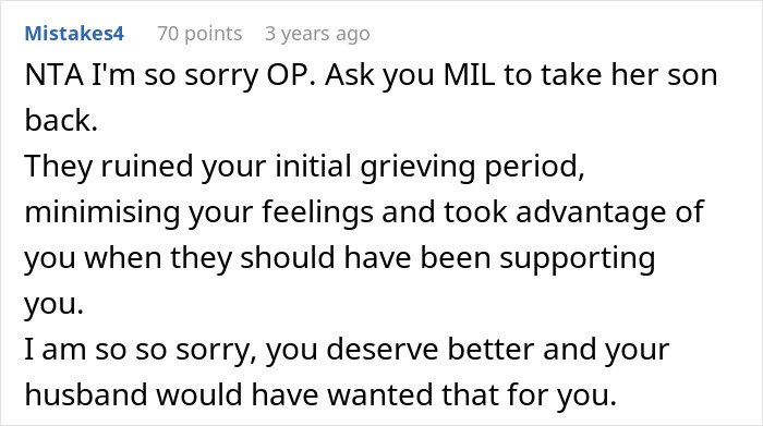 Comment expressing sympathy for the woman kicking late husband's brother and kids out during grieving period.