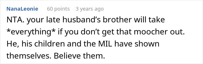 Comment warning about late husband’s brother and his kids mooching and using belongings, urging action to remove them.