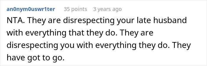 Screenshot of a Reddit comment discussing disrespect toward late husband’s brother and the need to kick them out.