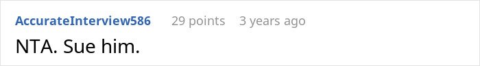 Screenshot of a Reddit comment with user AccurateInterview586 advising to sue the late husband's brother and kids.
