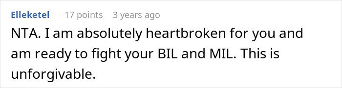 Screenshot of a comment expressing heartbreak and readiness to confront the late husband’s brother and family over belongings issues.