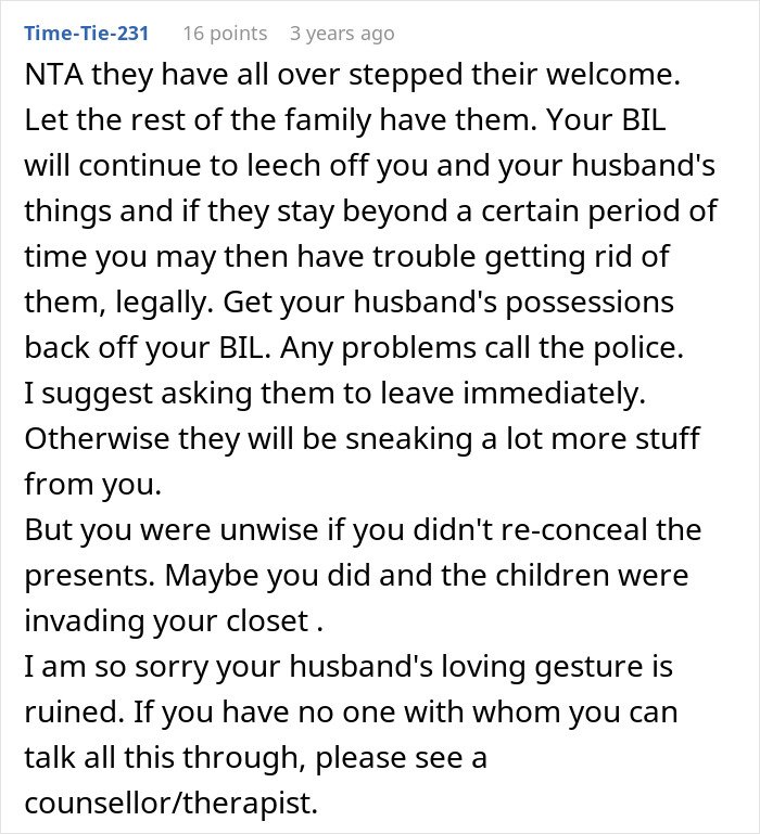 Comment discussing woman kicking late husband's brother and kids out for using his clothes and belongings without permission.