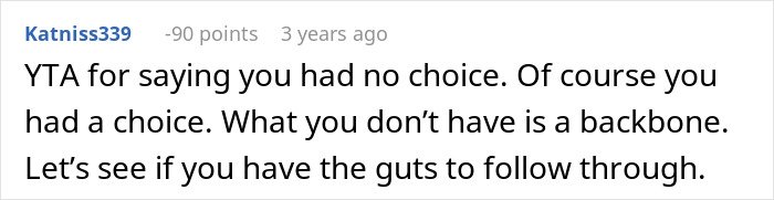 Reddit comment criticizing lack of backbone in response to woman kicking late husband’s brother and his kids out.