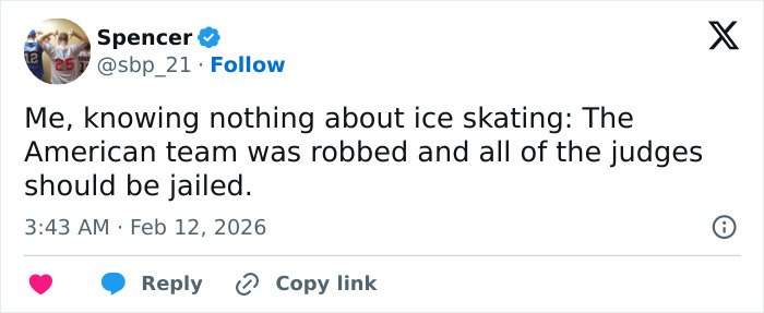 Tweet screenshot showing a user commenting on ice skating judging scores and accusations of cheating in a sports controversy.