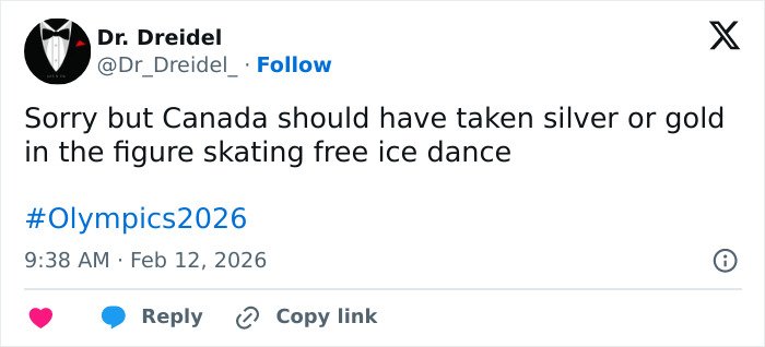 Tweet discussing Olympian's figure skating scores igniting cheating accusations and judge's conspicuous scoring controversy.