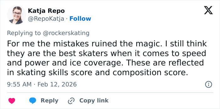 Tweet from Katja Repo discussing skating skills scores and composition scores amid accusations of judge's conspicuous scores in Olympian event.