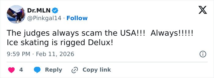 Tweet from a user accusing judge’s scores of rigging in ice skating, sparking cheating accusations in the Olympian event.