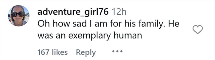 Comment from user adventure_girl76 expressing sadness for James Van Der Beek’s family after his tragic passing.