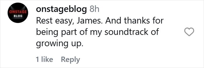 Comment on Instagram from onstageblog expressing condolences and gratitude after James Van Der Beek’s tragic passing.