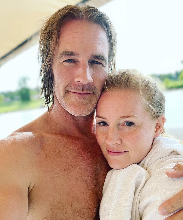 James Van Der Beek embracing a woman outdoors, both showing calm expressions in a heartfelt moment.