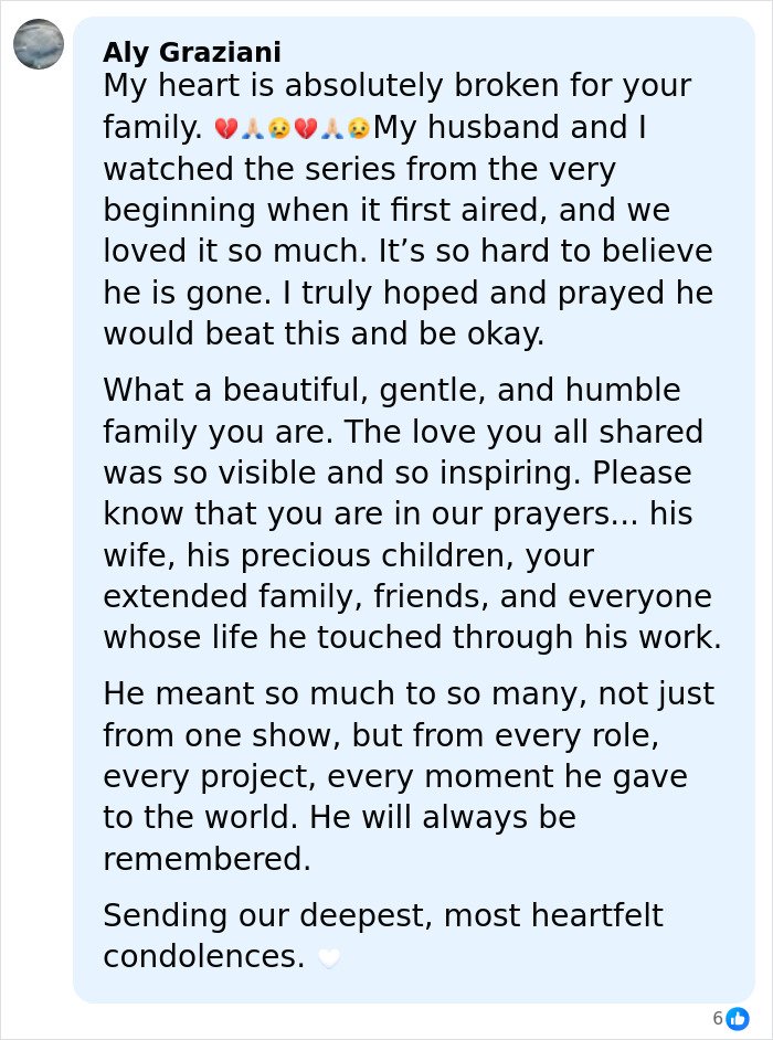 Comment expressing condolences and heartbreak over James Van Der Beek’s final post after his tragic passing.