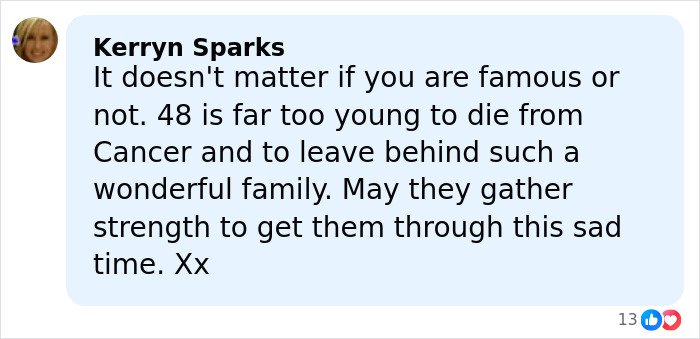 Comment expressing condolences on James Van Der Beek’s tragic passing, emphasizing the impact of his death at 48.
