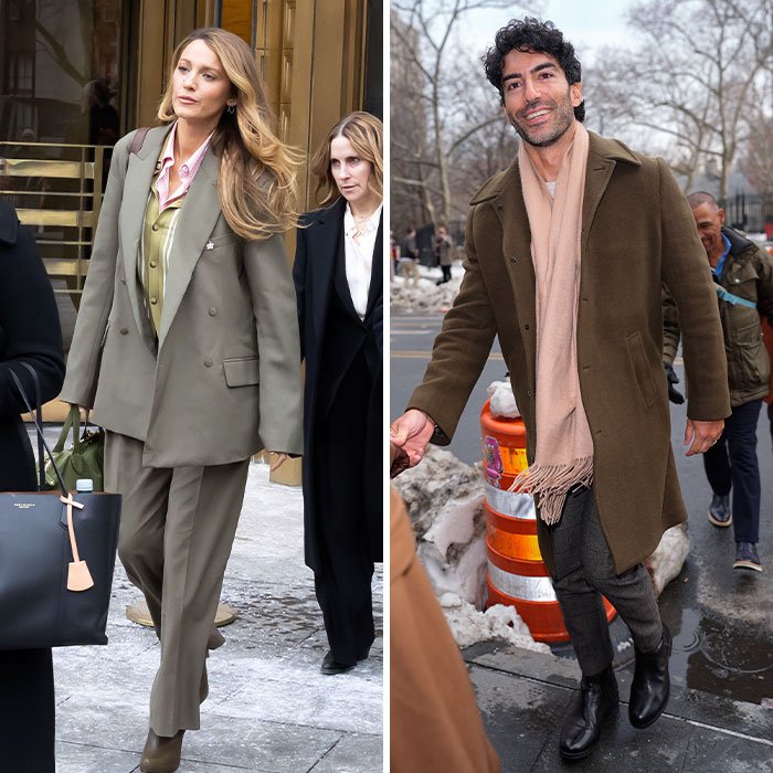 Blake Lively and Justin Baldoni in stylish coats and scarves outside court during a fashion faux pas moment.