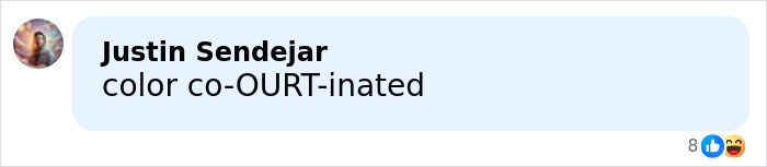 Chat message from Justin Sendejar making a pun with the word court, relating to a hilariously awkward fashion faux pas.