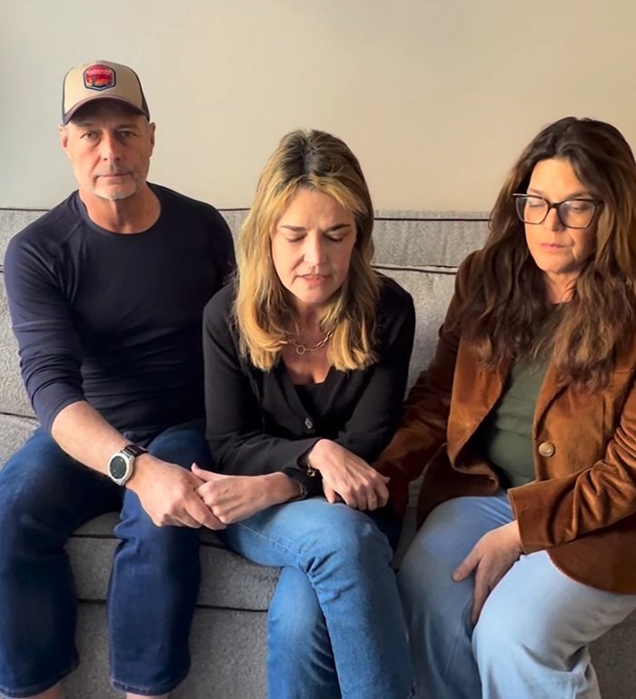 Three people sitting on a couch, showing concern and support while discussing Bitcoin exchange and police control.