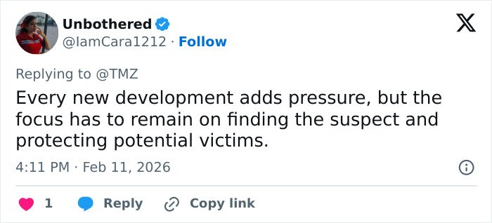 Tweet by user Unbothered discussing pressure on police and focus on finding suspect and protecting victims related to Bitcoin exchange case.