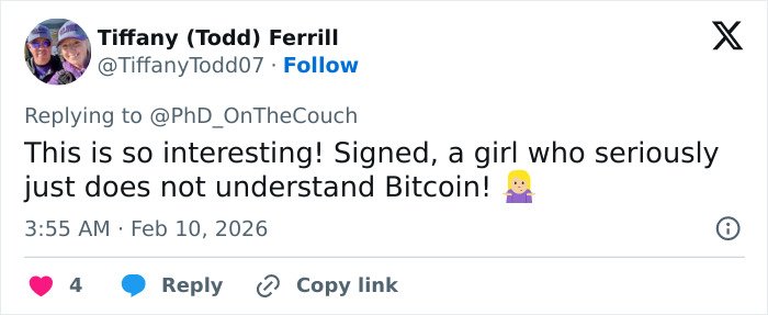 Tweet from Tiffany Todd Ferrill expressing surprise about Bitcoin, replying to a crypto expert explaining Bitcoin exchange aiding police.