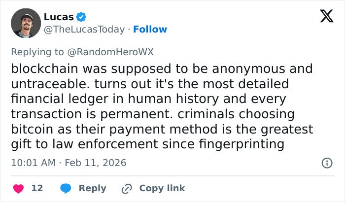 Tweet by crypto expert Lucas explaining how Bitcoin's permanent ledger helped police track Nancy Guthrie's kidnapper using blockchain data.