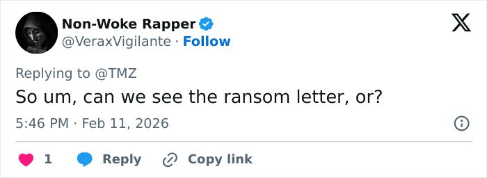 Tweet from Non-Woke Rapper questioning ransom letter details related to Bitcoin exchange and police investigation.