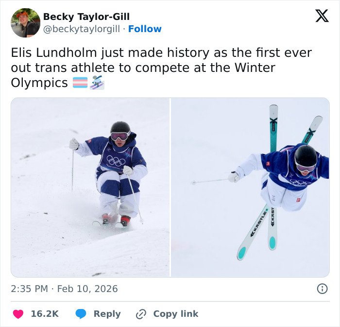 Trans Olympian skiing in the Winter Olympics, wearing blue and white gear, amid a misgendering incident debate.