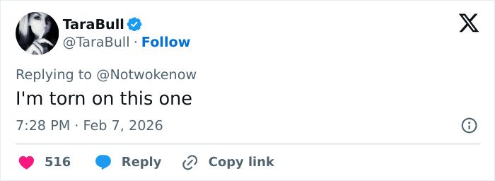 Tweet from TaraBull replying to Notwokenow, expressing being torn on a misgendering incident involving a trans Olympian.
