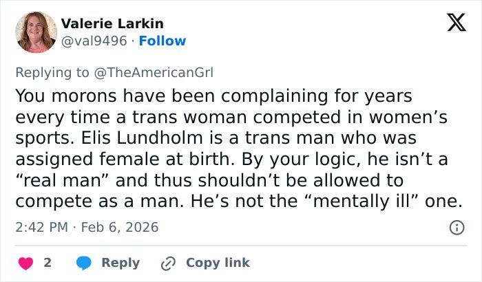 Screenshot of a tweet discussing a misgendering incident involving a trans Olympian and the ensuing online debate.