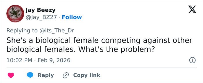 Screenshot of a tweet discussing a misgendering incident involving a trans Olympian sparking debate online.