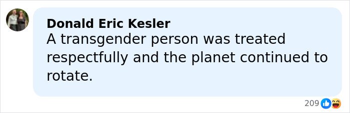 Comment highlighting respectful treatment of a transgender person amid misgendering incident involving a trans Olympian.