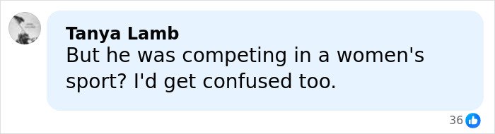 Comment from Tanya Lamb expressing confusion about a trans Olympian competing in women's sports, sparking debate.