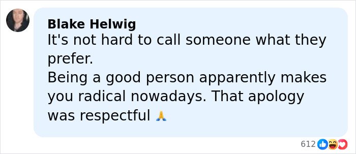 Comment from Blake Helwig about respecting preferred pronouns in misgendering incident involving a trans Olympian debate.