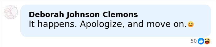 Comment by Deborah Johnson Clemons saying It happens. Apologize, and move on with emoji reacting to a misgendering incident involving a trans Olympian.