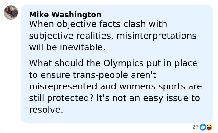 Comment discussing the misgendering incident involving a trans Olympian and the challenge of protecting women's sports.