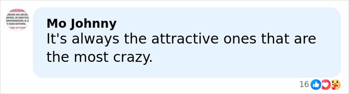 A social media comment by Mo Johnny discussing perceptions about attractiveness and behavior in a light blue speech bubble.