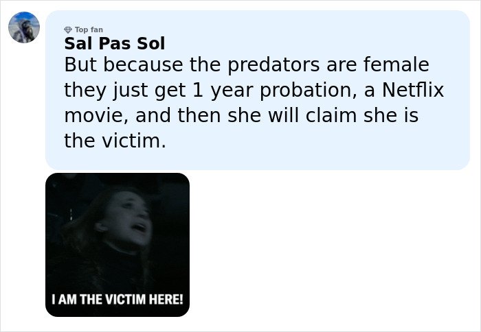 Comment discussing teacher's actions and probation alongside a GIF stating "I am the victim here" related to judge firing back.