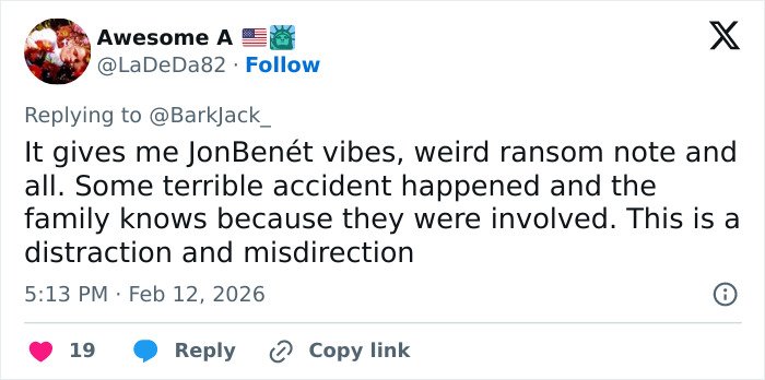 Tweet text discussing forensic white tent setup at Nancy Guthrie's home days after kidnapping, hinting at distraction and misdirection.