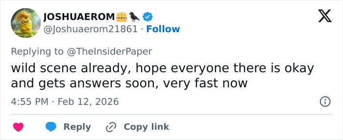 Screenshot of a tweet describing the urgent scene as forensics set up a white tent at Nancy Guthrie's home after kidnapping.