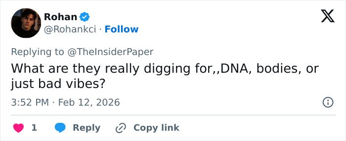 User comment questioning what forensics is digging for at Nancy Guthrie's home days after kidnapping, mentioning DNA and bodies.