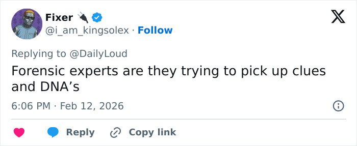 Screenshot of a social media post discussing forensic experts picking up clues and DNA at Nancy Guthrie’s home investigation.