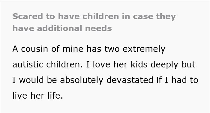 Text excerpt about a woman reconsidering motherhood due to her cousin’s autistic kids and their additional needs.